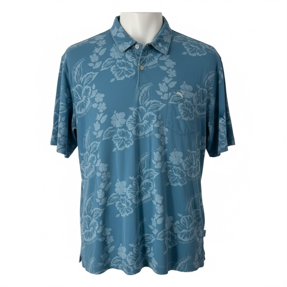 Tommy Bahama Relax Mens Blue Pima Cotton Aloha Waikiki Floral Polo Shirt M